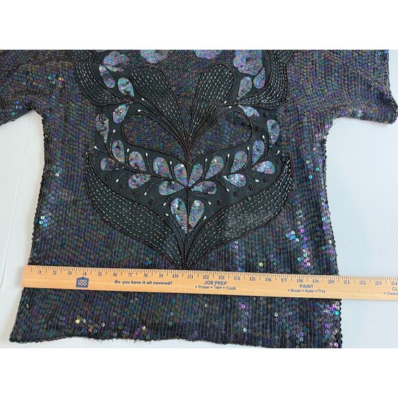 VTG Pete's Black Silk Multicolor Sequin Beaded Short Sleeve Blouse Top Women's M - Picture 7 of 10